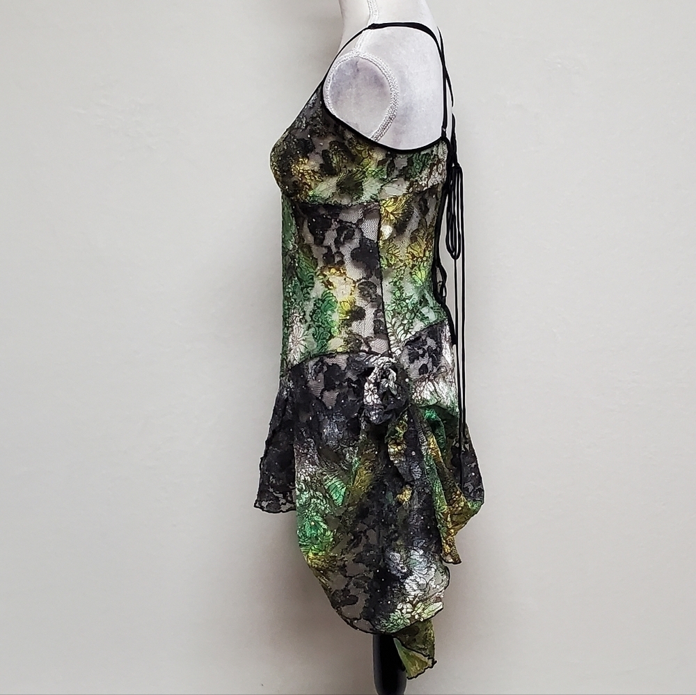 80s Rare Vintage Surprise Parties Green Tie-Dye Sheer Lace Lace-up Bustle Dress - Picture 8 of 16